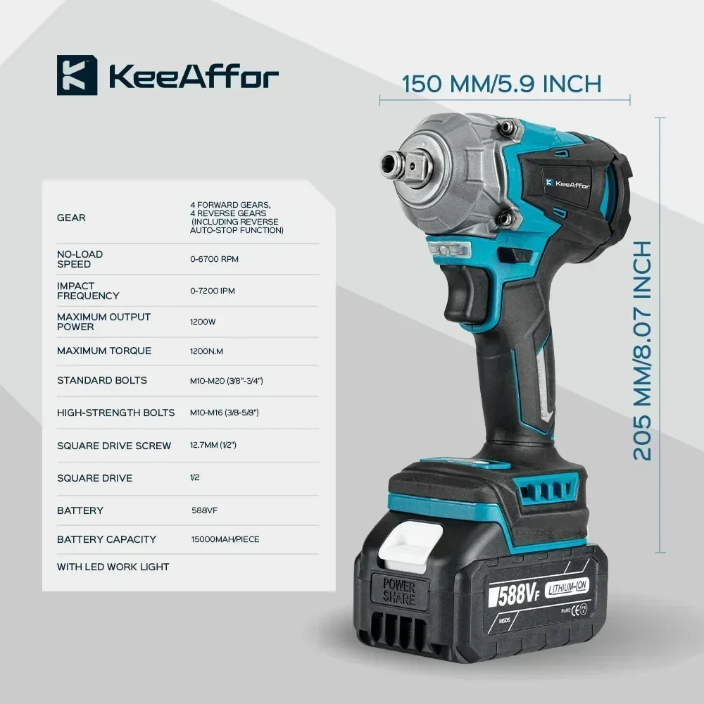 KEEAFFOR 1200N.M Brushless Electric Impact Wrench 1/2 Inch Cordless Electric Screwdriver Drill Power Tool For Makita 18V Battery