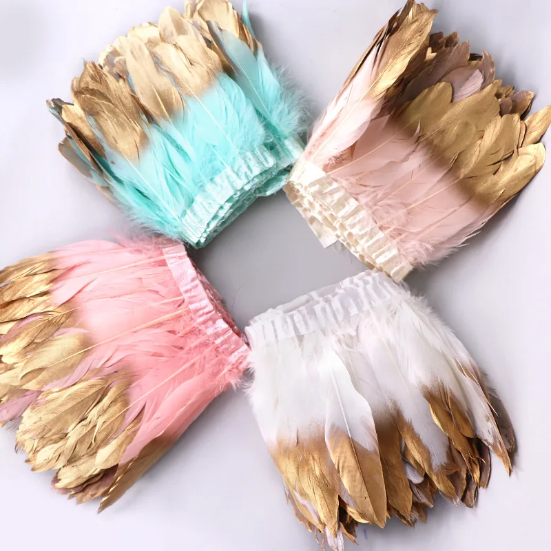 Penas De Ganso De Ouro Para Artesanato, Guarnição Mergulhada, Pena De Gansos, Fitas De Franja, Largura De Roupas, Plumas DIY, 10 Jardas Por Lote