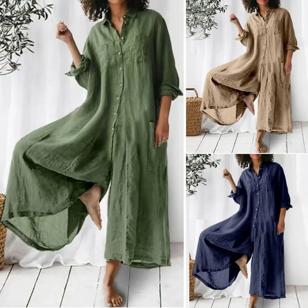 Baju kodok wanita kancing penutup kasual, celana kaki lebar, baju monyet panjang musim semi musim panas dengan saku Jumpsuit kasual pakaian sehari-hari
