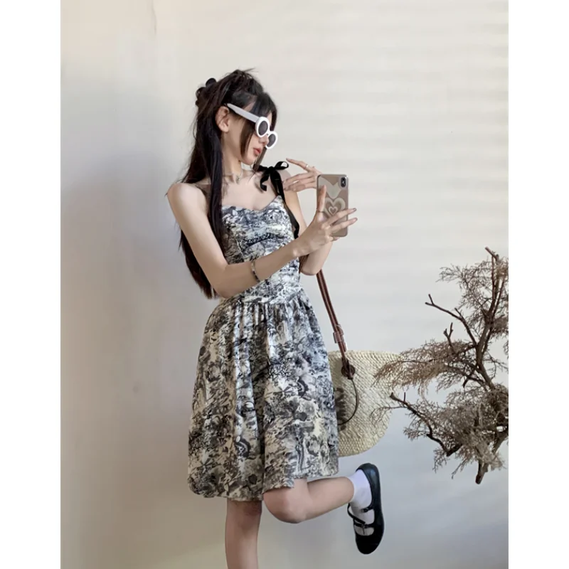 Summer Black Dress Y2K Clothes Women Backless Dress Printing Sleeveless V-neck Sexy Korean Fashion 2023 Simple NEW Miniskirt