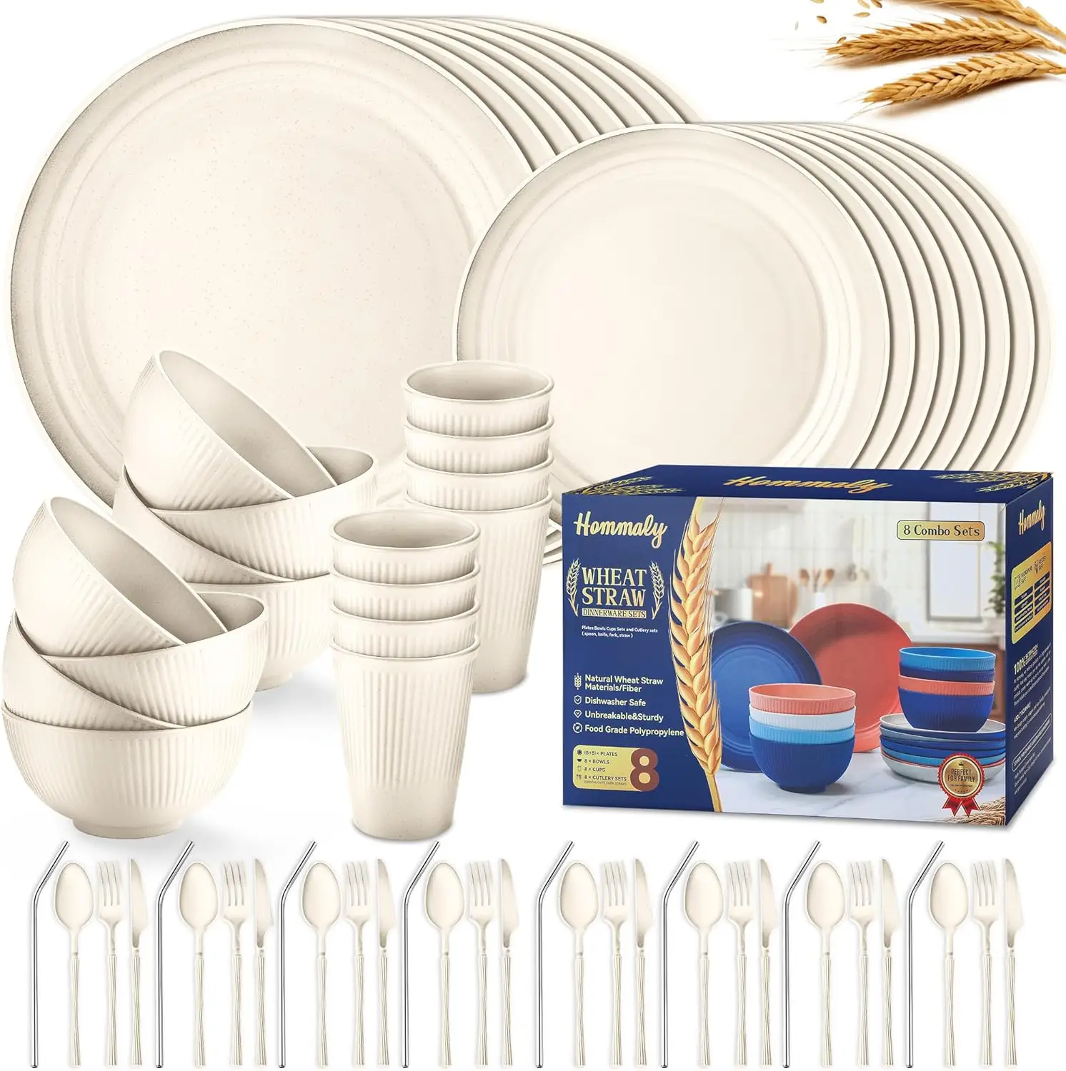 

Wheat Straw Dinnerware Sets,64-Piece Beige Plates and Bowls Sets for 8-Unbreakable,Reusable Plastic