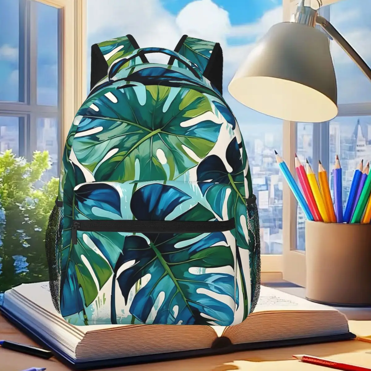 

Azure Blue Monstera Leaf Backpack Student Boys Girls BookBag Kids School Bag Computer Shoulder Bags for Men Women