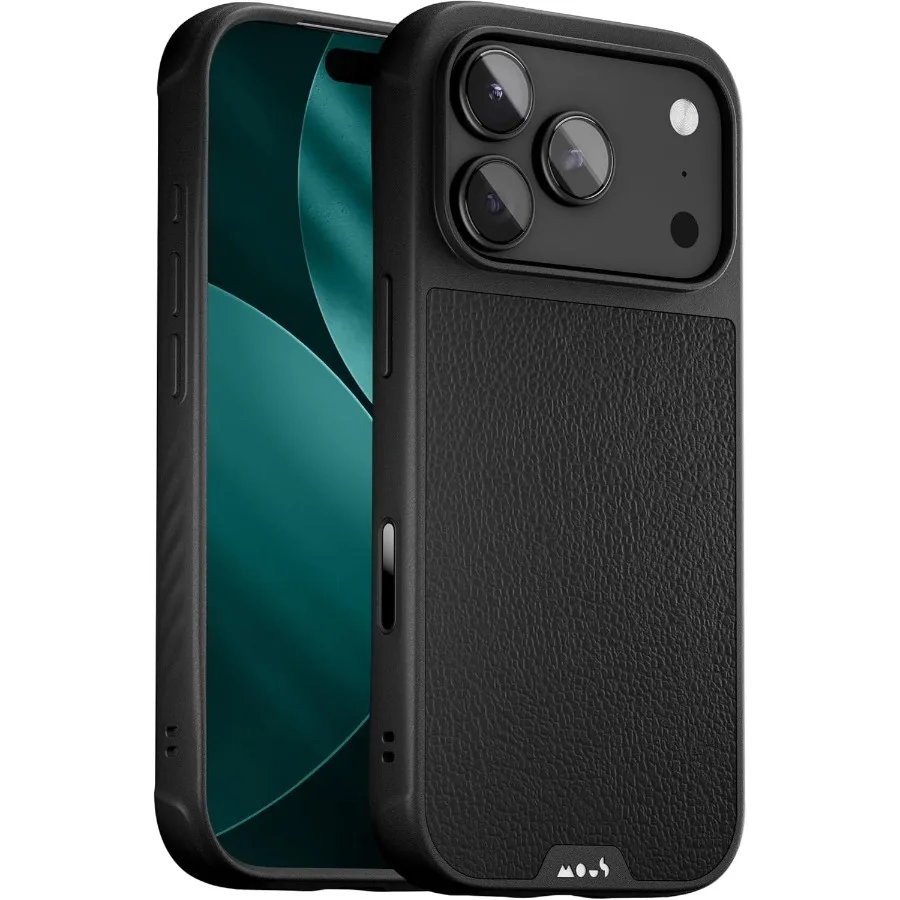 

Защитный черный кожаный чехол для iPhone 17 Pro Max с поддержкой MagSafe — противоударный, полная защита камеры, защита от царапин