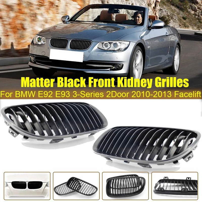 2PCS Car Front Hood Kidney Grille Bumper Matte Black Grill For -BMW E92 E93 3 Series 2-Door 2010-2013 Coupe Facelift