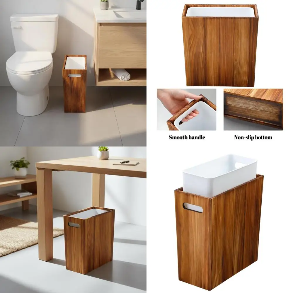 

Compact Wooden Trash Bin with Liner for Bathroom, Bedroom, and Office - Slim Design Decorative Waste Basket