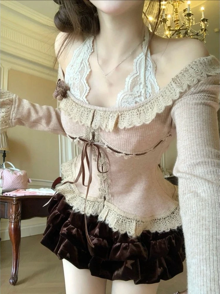 

Японский милый винтажный комплект из 3 предметов, женские блузки с открытыми плечами + кружевная майка + юбка с рюшами, новый элегантный кавайный наряд в стиле Харадзюку