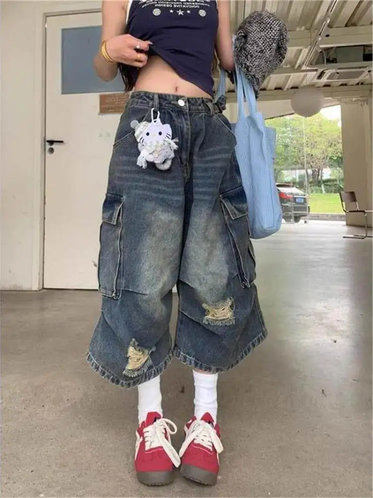 

Retro American Hole Denim Shorts Women Summer High Street Loose Slim Wide Leg Workwear Pants High Waist Tear Design Jeans