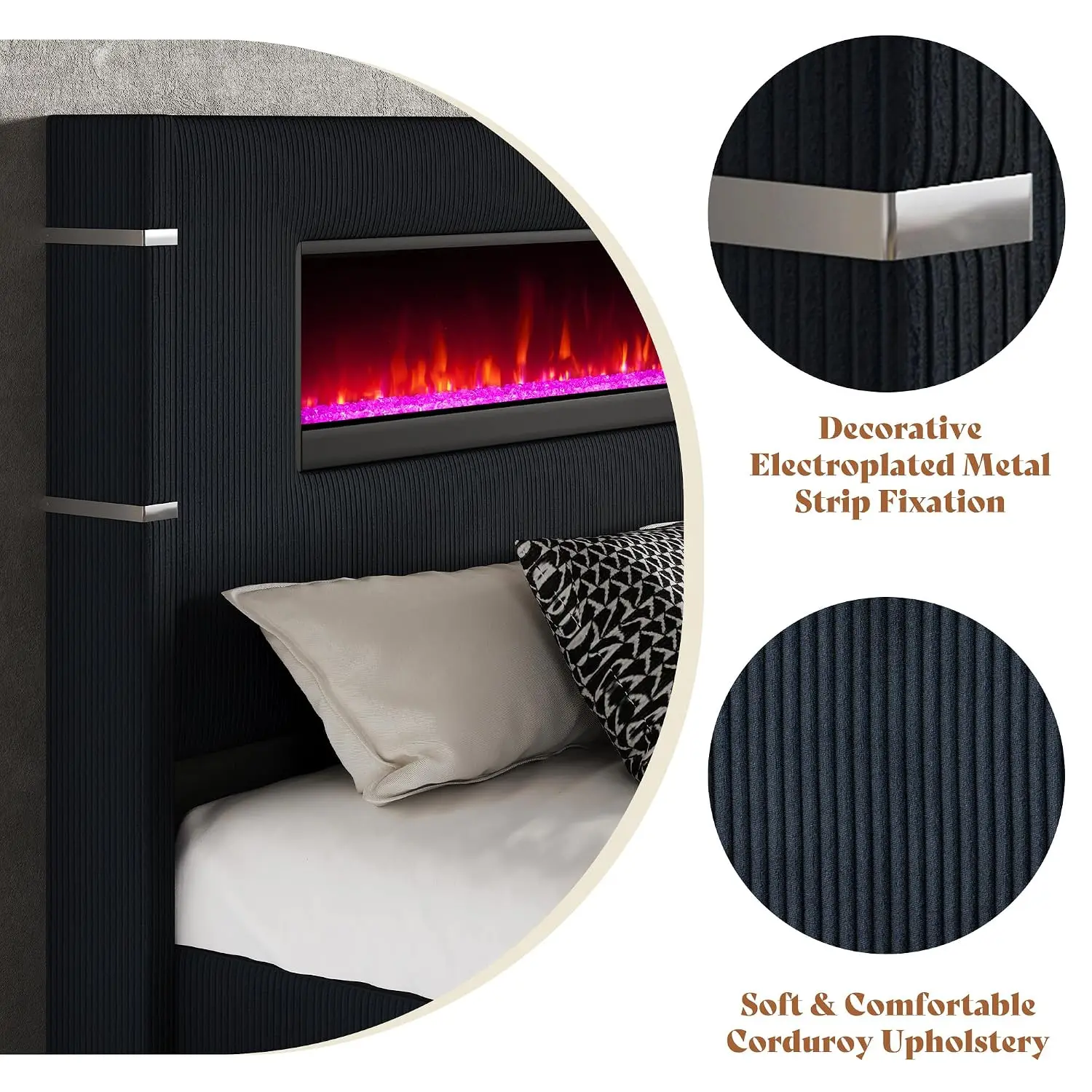 King Bed Frame with Fireplace & Upholstered Headboard, Customized image 5
