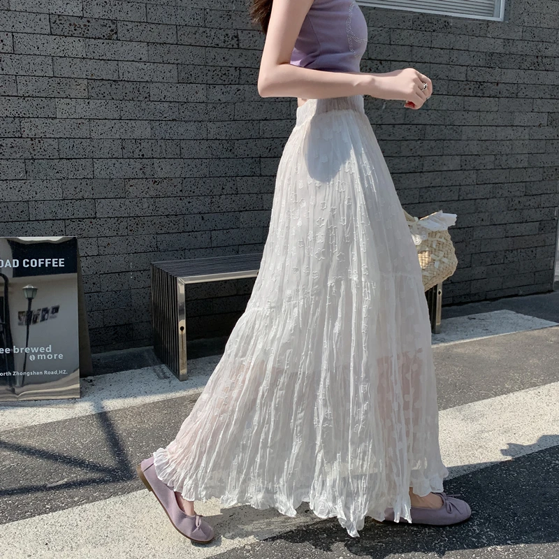 

Белая кружевная юбка-сетка с высокой талией, А-силуэт, женская, весна-лето, новая, с цветочным узором, приталенная, длинная, стройнящая