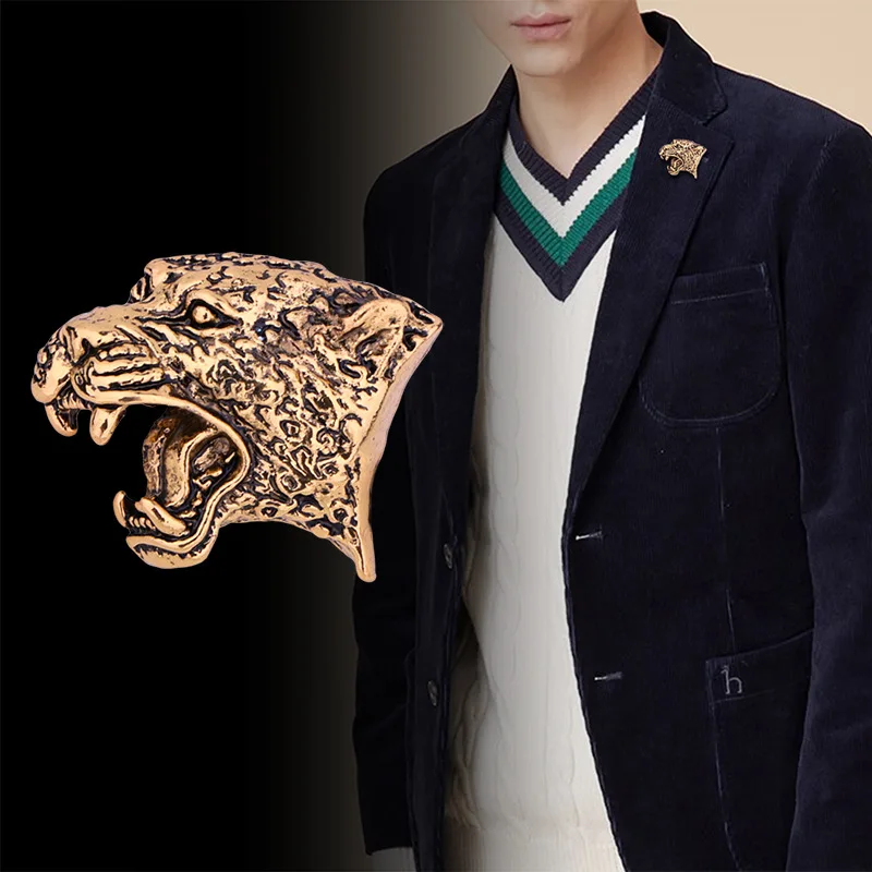 Fahsion Retro Leopard Head Brooch Animal Modeling Accessories Men's Aggressive Tiger Head Personality Brooches Wholesale