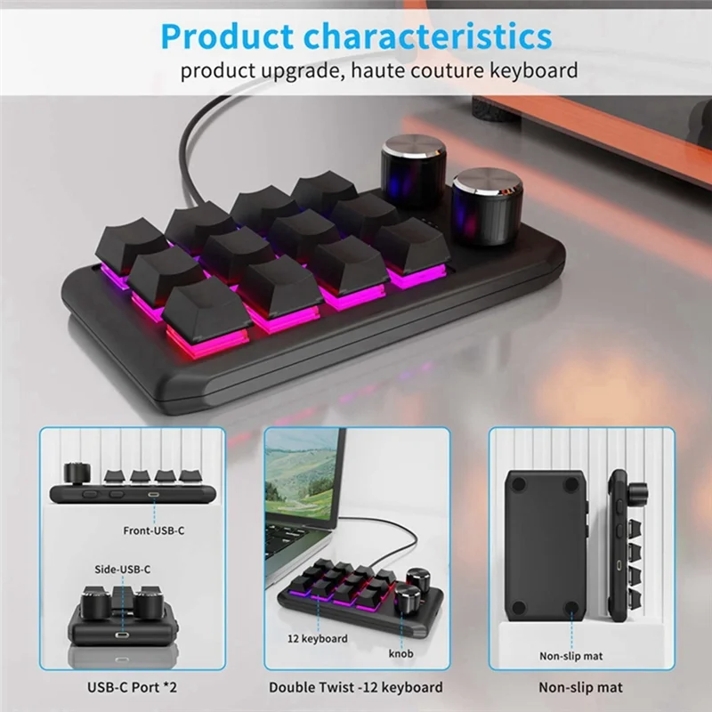 Convince Custom Keyboard Volume Button Knob Programming Macro Gaming Hotswap Keypad Black, 12 Keys 2 Knob Bluetooth2025