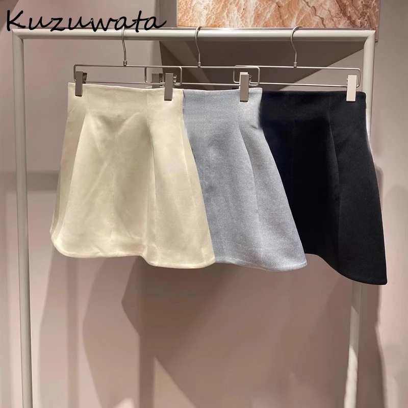 Kuzuwata New High Waist Ruched A-line Sweet Falda Slim Fit Elegant Fresh Mujer Faldas Japan 2024 Early Spring All-match Skirt