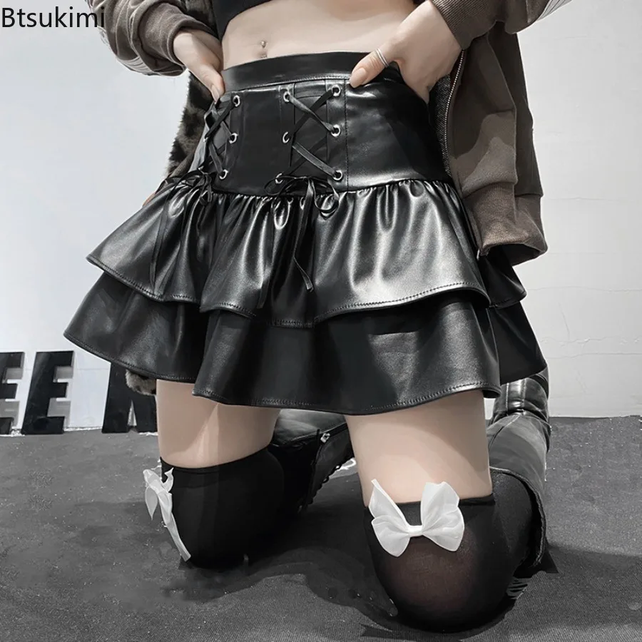 

PU Leather Mini Skirts Punk Style Fashion High Waist Lace Up Bandage Black Pleated Skirt Streetwear Girls Dark Academia Clothes