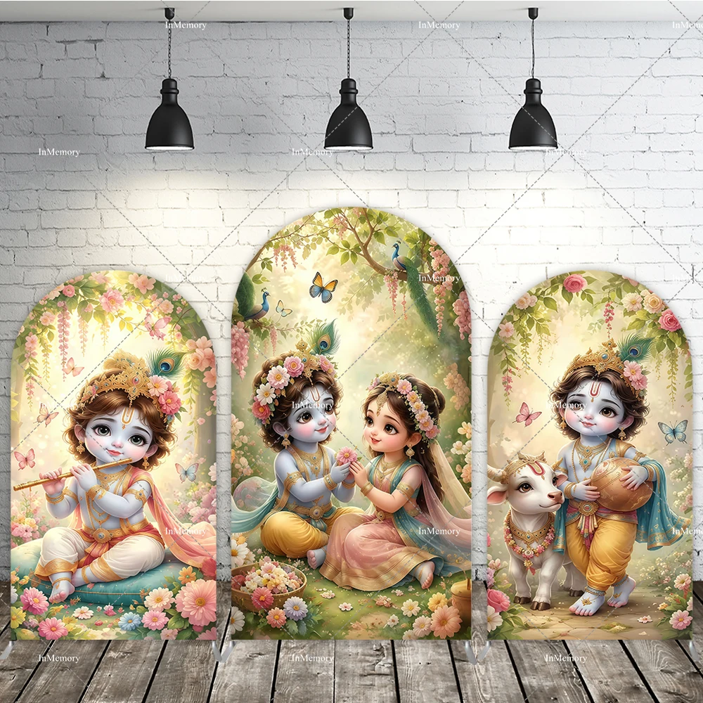 Indian Yasodha and Krishna Arch Backdrop Cover Floral Peacock Chiara Wall Arched Photography Background 2-sided