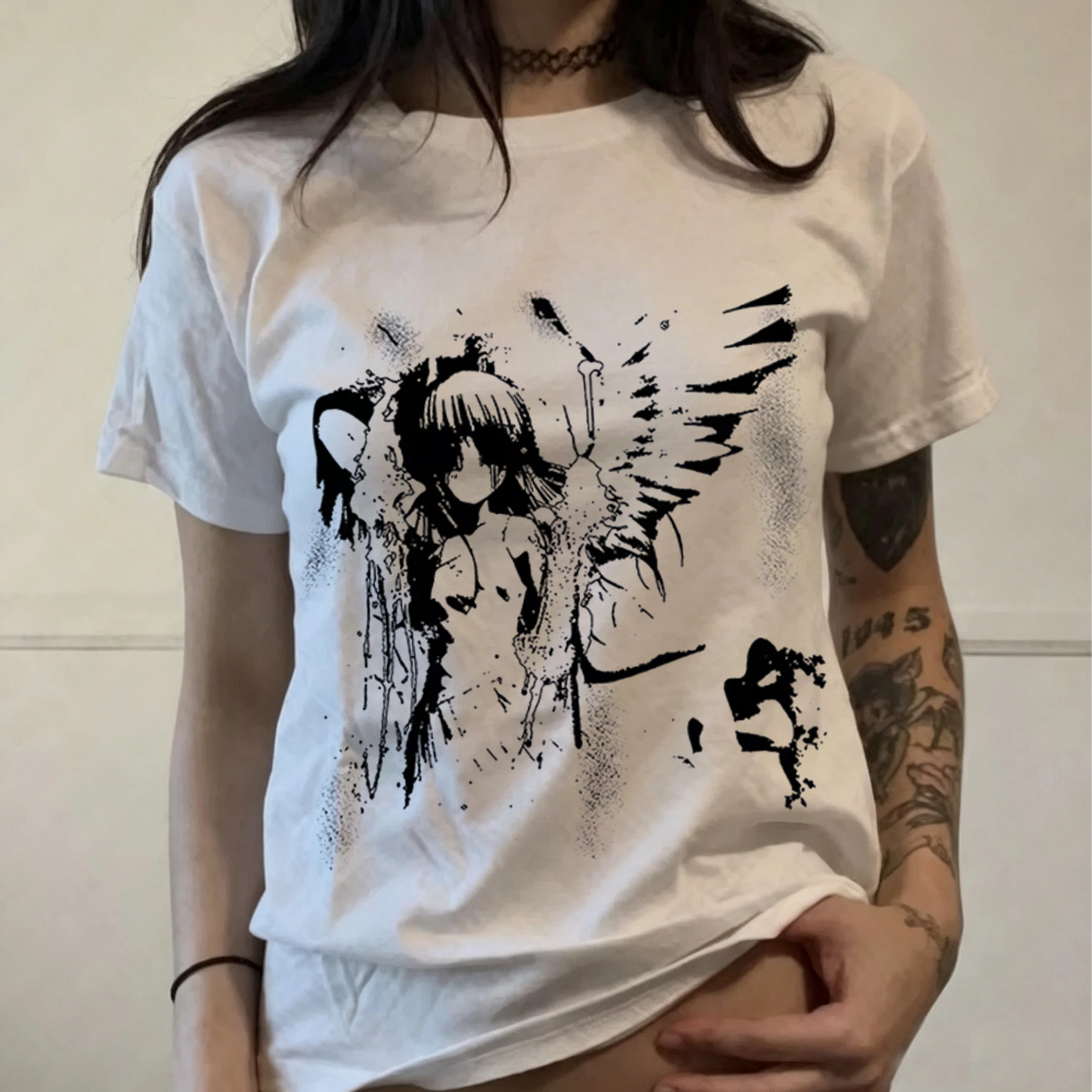 Retro Angel Print Short-sleeved Women's T-shirt Summer Harajuku Y2K CasuaL Tee Gothic Aesthetic Clothing 2000s Style Streetwear