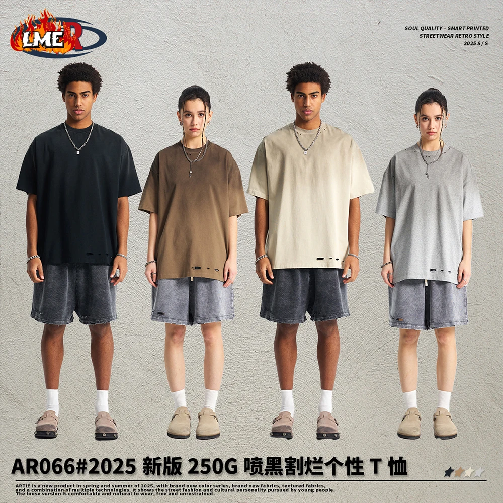 

Summer Streetwear Vintage Spray Dye Ripped Hole Acid Wash Men Short Sleeved Oversized Distressed Heavyweight T Shirt