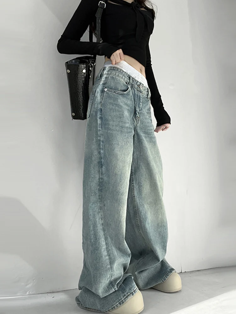 Jeans de Pierna Recta con Cintura Baja para Mujer, Plones Largos Casus de Pierna Ancha, Plones Largos hasta el Sue...