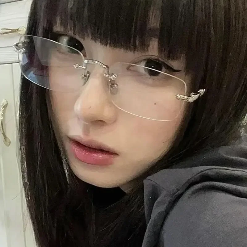 نظارات ريترو كورية بدون إطار للنساء، نظارات فضية مضادة للضوء الأزرق، نظارات شمسية مربعة صغيرة، نظارات عصرية