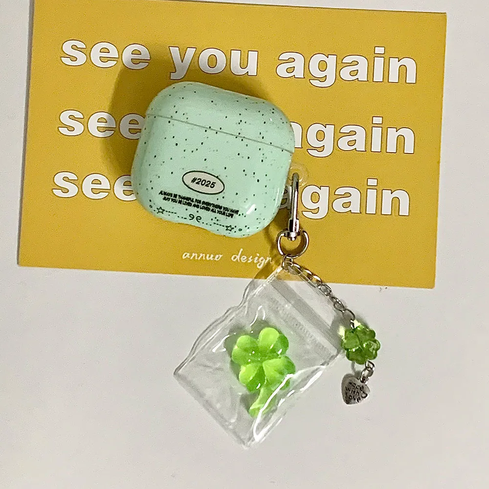 

Shockproof Green Splashed Ink Earphone Case for Apple AirPods 1 2 3 4 Pro 2 with Four Leaf Grass Pendant Accessory