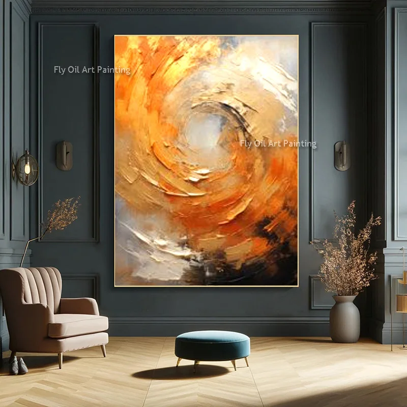 Sunset Orange Vortex Canvas Hand Painted Thick Layer Oil Painting, Contemporary Entry Hall Bold Color Vertical Wall Ornament