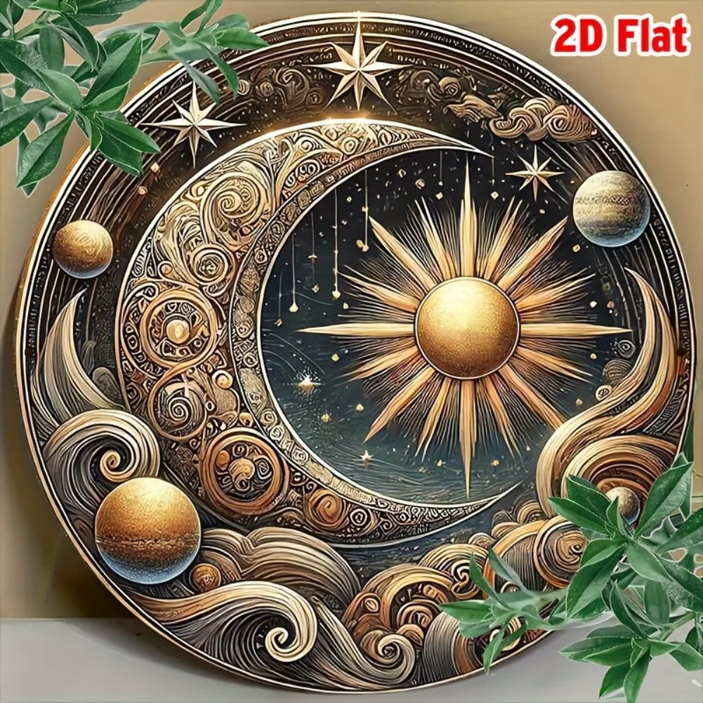 2D Flat 1pc Vintage Mystical Moon and Sun Wall Art Intricate Floral Relief with Stars and Planets, Aluminum Round Decor view 6