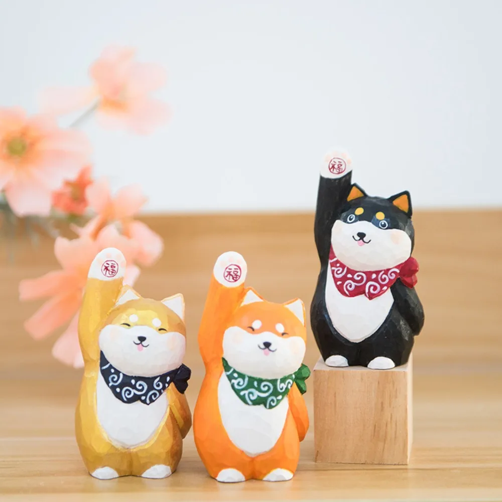 Bring Good Fortune Wood Carving Shiba-Inu Ornament Solid Wood Handmade Painted Cartoon Shiba-Inu Sculpture Small Simple Style