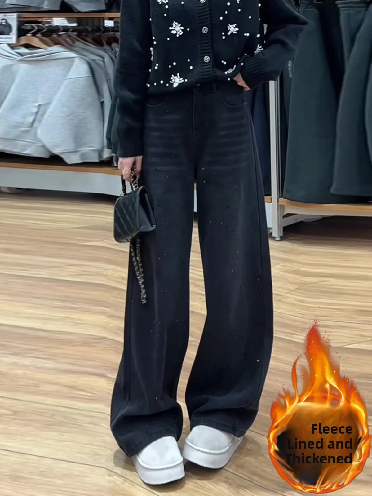 

Джинсы женские с высокой талией, расклешенные, с подкладкой, с богатой отделкой, прямые, весенние, новые, с эффектом стройности