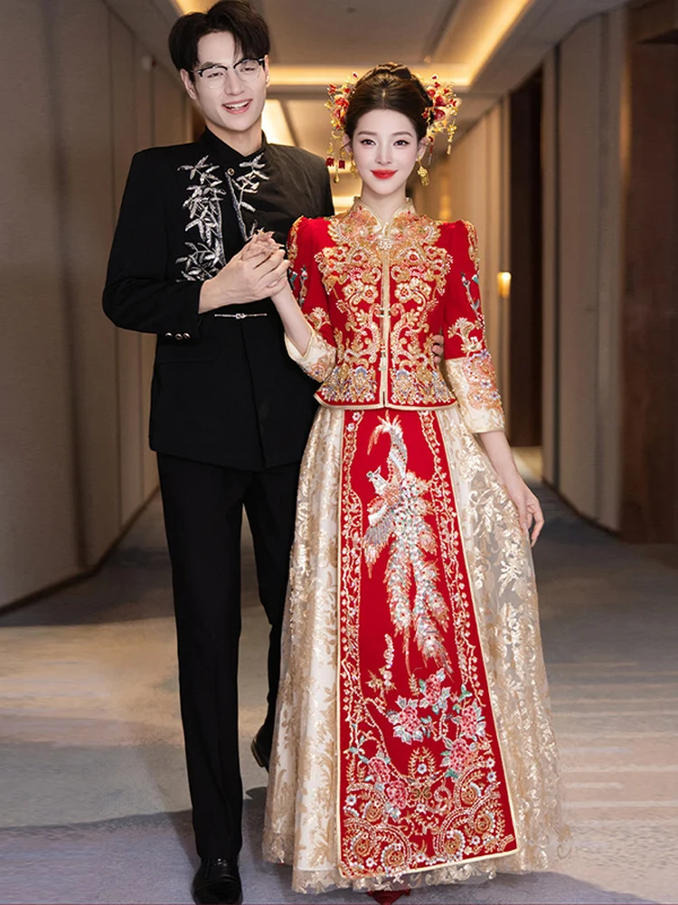 

Элегантное свадебное платье класса люкс, новинка 2026 года, большие размеры, длинный рукав, вышивка, воротник-стойка, винтажный стиль