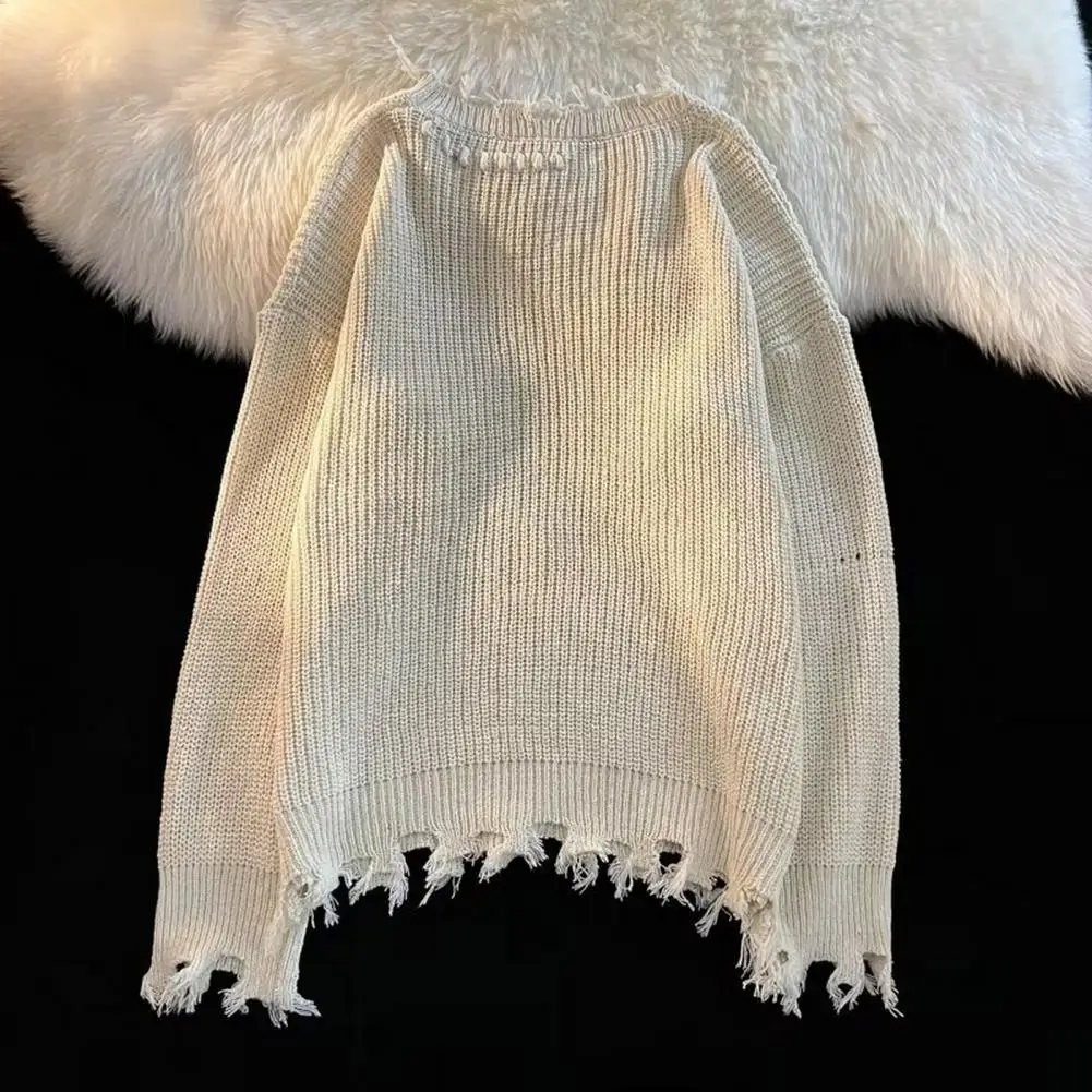 Pull Déchiré à Franges pour Homme, Vêtement à Manches sulf, Col Rond, Couleur Unie, Automne Hiver