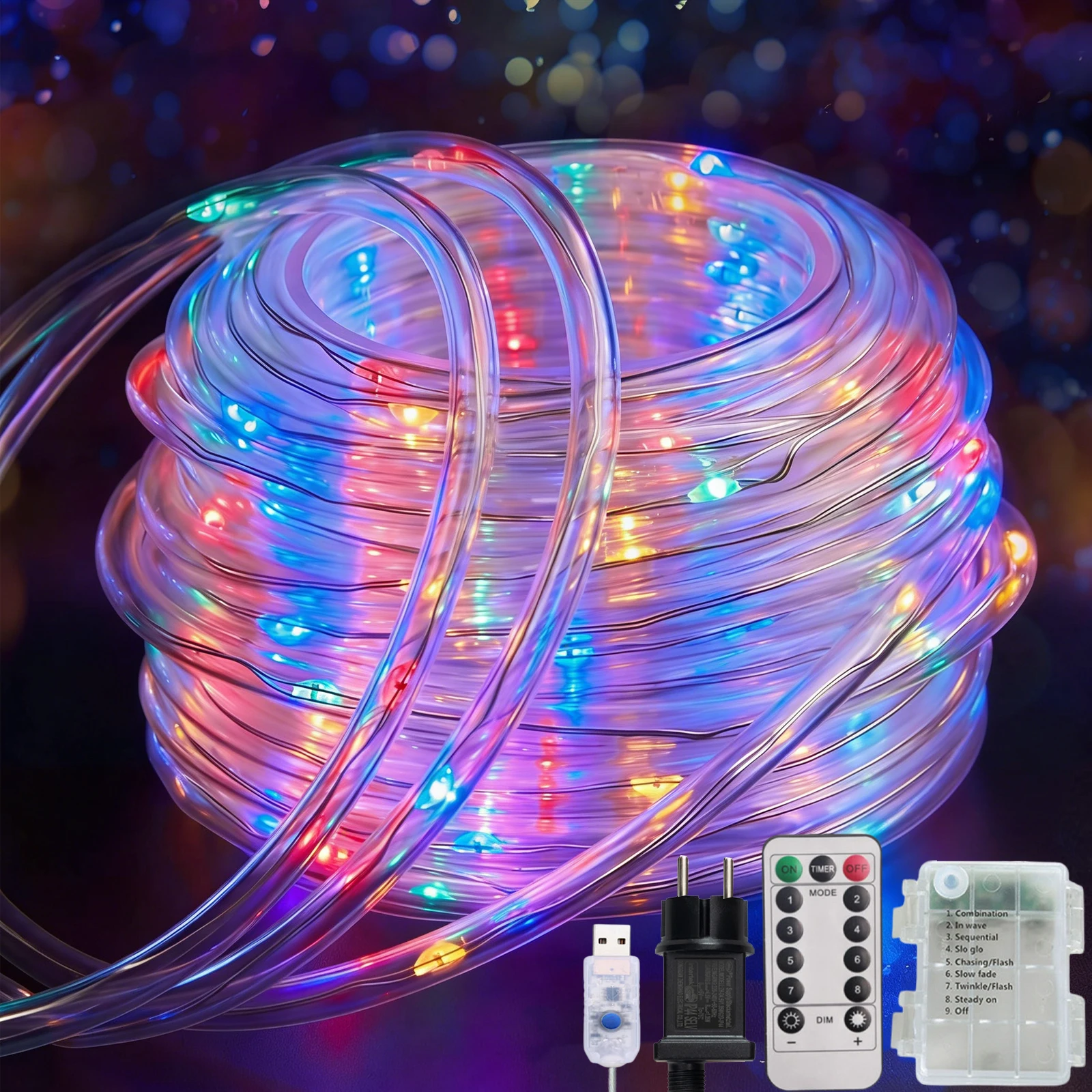 USB Battery Box Powered Rope LED String Lights Outdoor Waterproof Remote EU Plug Kit 8 Light Modes Christmas Garden Yard Decor