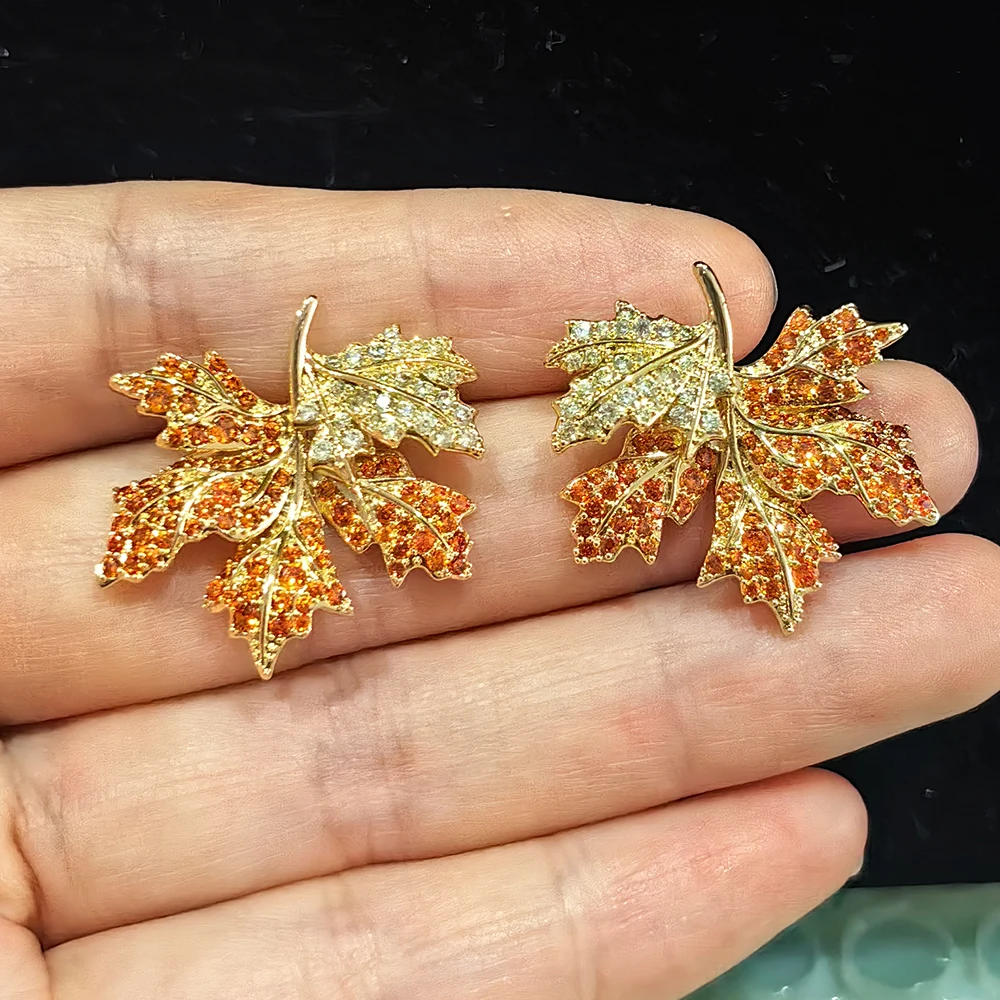 Maple Leaf Stud Earrings for Women Orange Blue Green Cubic Zirconia Statement Jewelry for Banquet Party Gathering