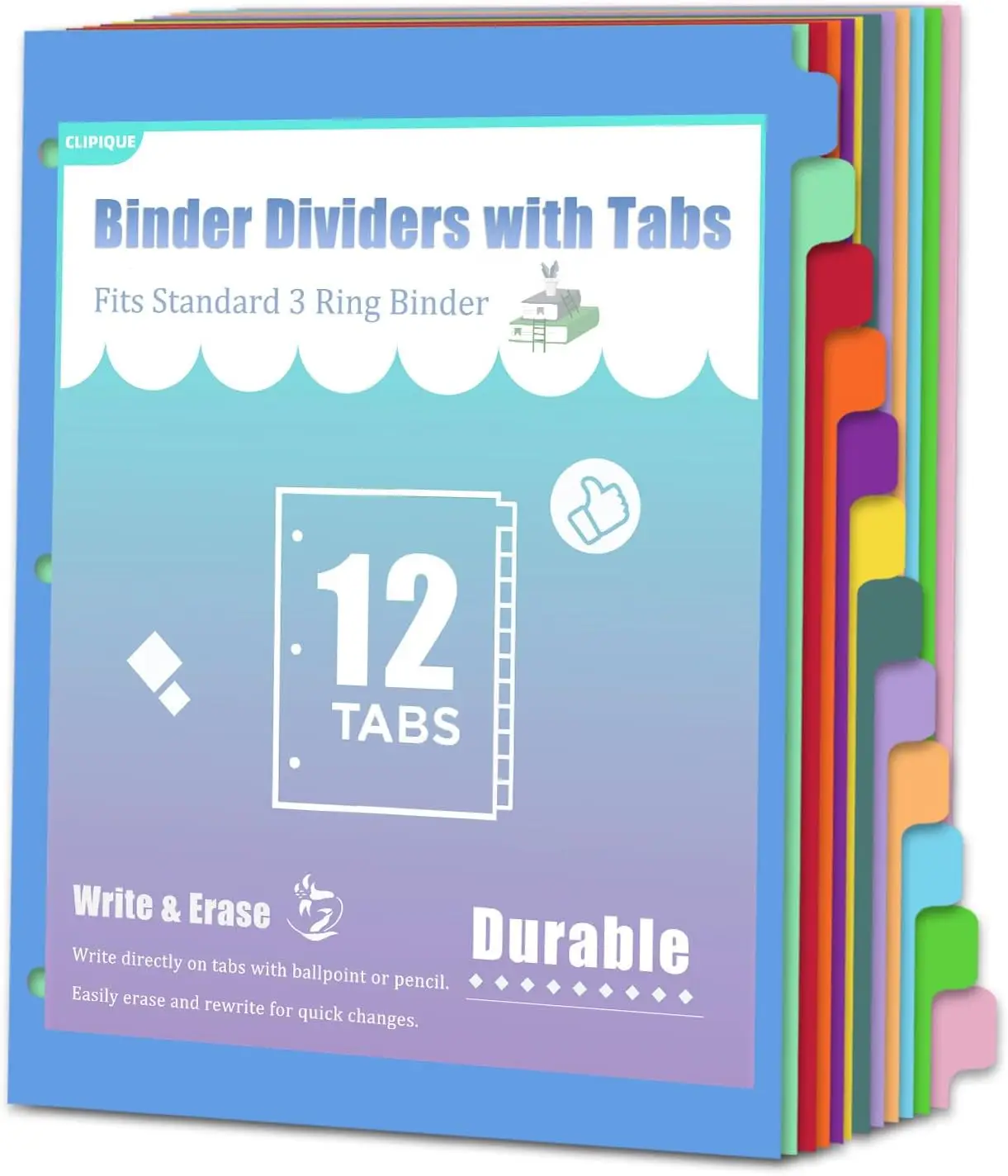 12-Tab Binder Dividers for 3 Ring Binder, Write & Erase, Monthly Dividers, 8.5x11 Letter Size, Assorted Colors