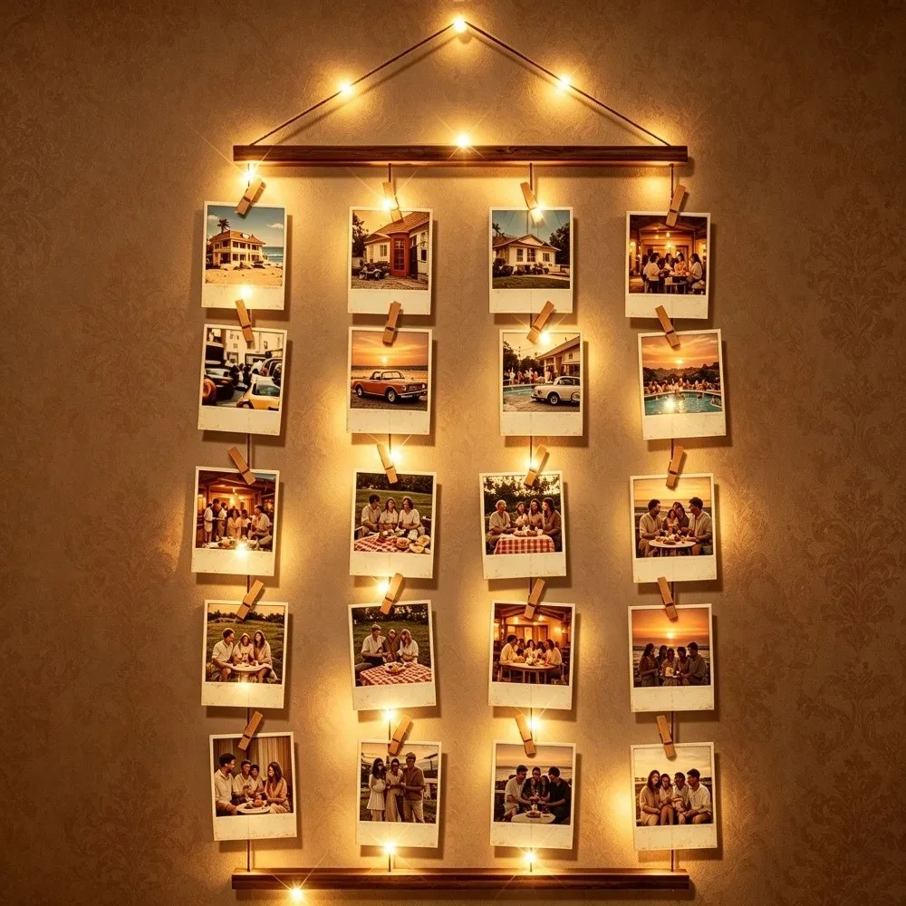 Includes Clips Hanging Photo Display Handcrafted DIY Wooden Hanging Photo Clip Minimalist Decorative Photo Collage Frame