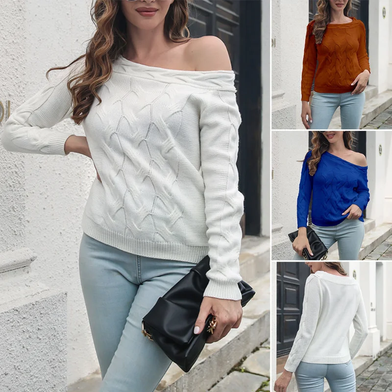 

Однодлинный вязаный свитер с воротником, женский осенне-зимний новый пуловер с открытыми плечами и длинными рукавами, женский свитер