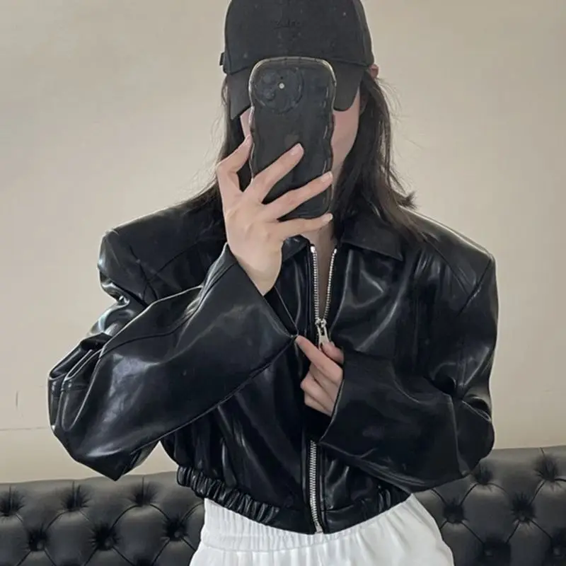 Faux Leather Jacket Women Motorcycle Cropped Jacket Short Tops Zipper Long Sleeve Y2k Clothing Pu Leather Coat Streetwear Black