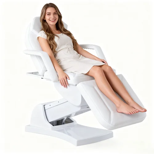 Imagen 2 del producto Cama de extensión de pestañas eléctrica multifuncional de pie de cuero PU blanco marfil cama de masaje eléctrica de 3 motores cama de tatuaje de belleza