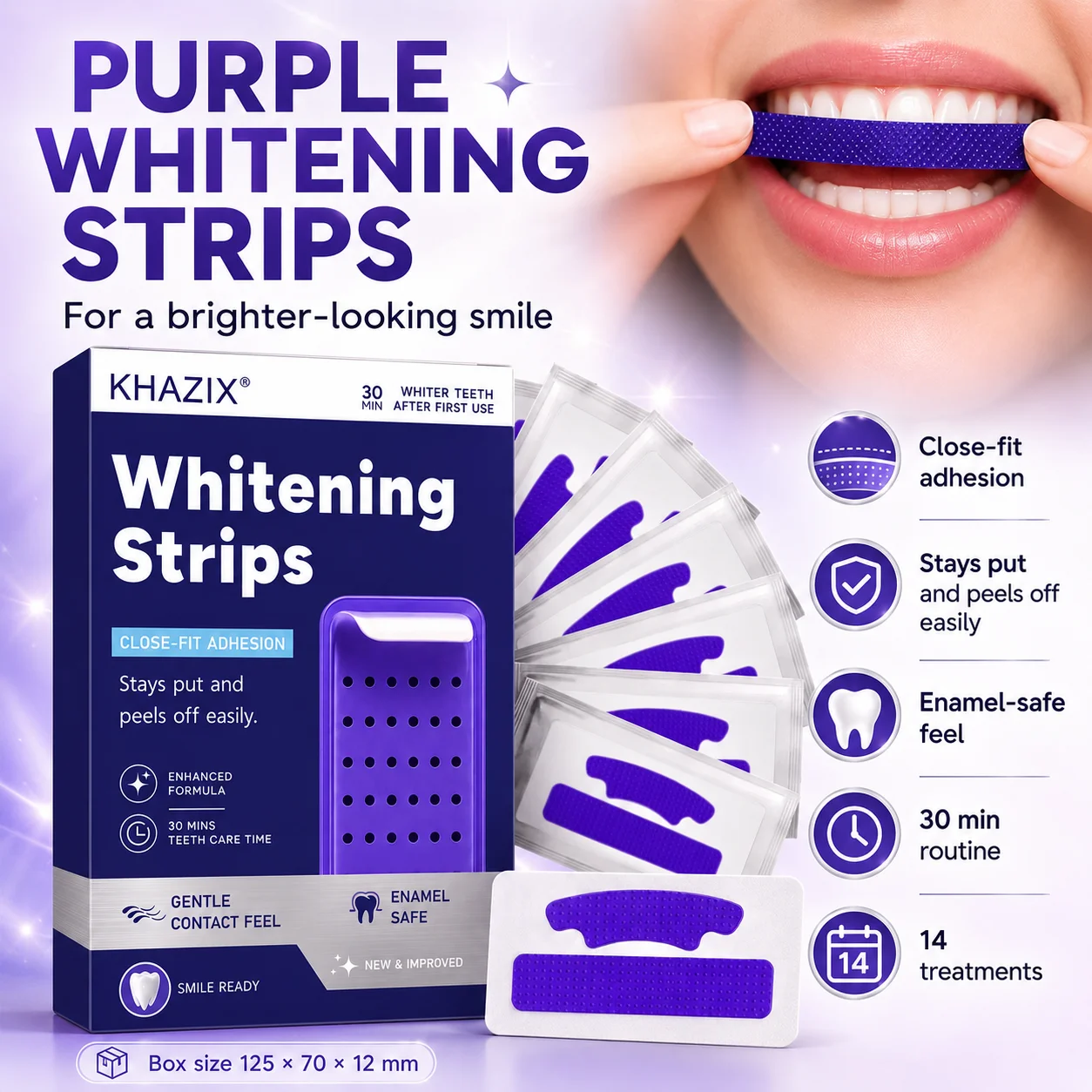 Purple Teeth Whitening Strips 14 Pcs, Gentle Enamel Safe Dental Whitening Kit for Stain Care and Bright Smile.