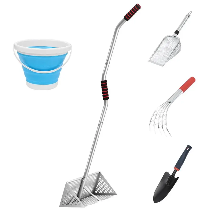 

Сито, нержавеющая сталь 304, 16 корзин с острыми зубьями, эргономичная ручка 60, оснащенная молюскными граблими, сито для песка и блох, черный