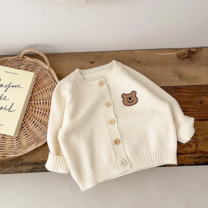 Cute Bear Knit Baby Girl Coat Children's Knitted Cardigan Long Sleeved Top Baby Sweater Outdoor Wear Baby Clothes New Born