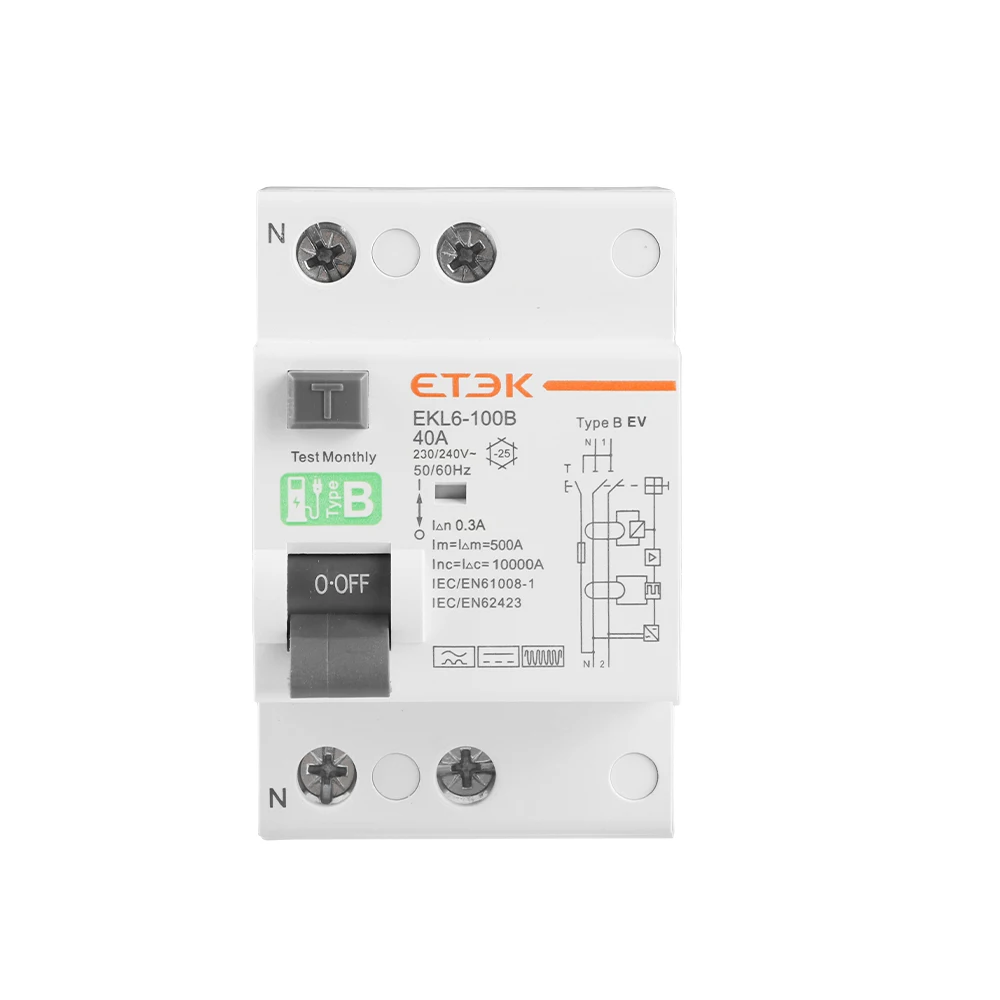 ETEK RCD RCCB Type B Earth Leakage Residual Current Circuit Breaker Evse 2P 4P 40a 63a 100a 30ma 300mA EKL6-100B Din Rail 220V