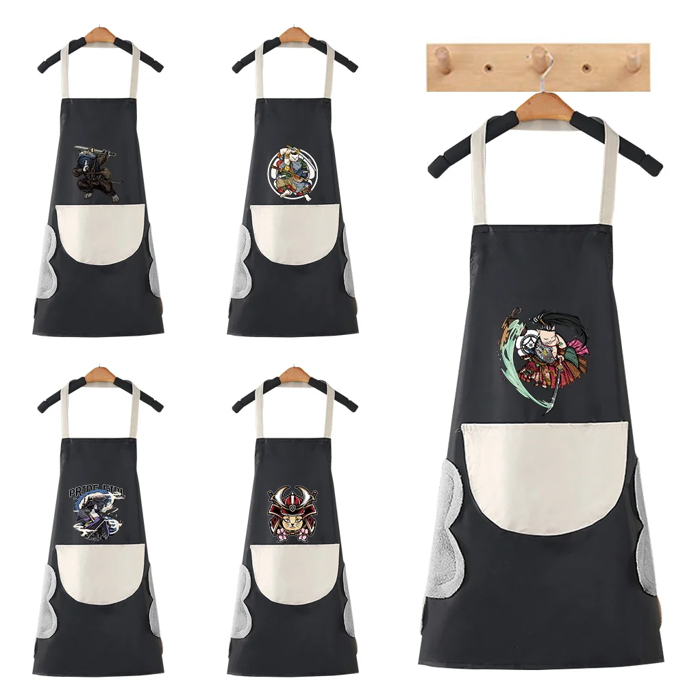 

Adjustable Adult Apron Restaurant Chef Apron Outdoor Camping Picnic Kitchen Cook Aprons with Pockets Samurai Pattern