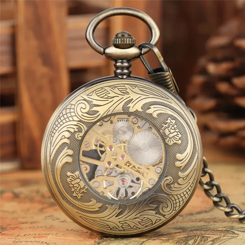 Exquisite Luxury Lotus Flowers Unisex Mechanical Hand Wind Pocket Watch Carving Bronze Skeleton Fob Watches Clock Best Gift Relo