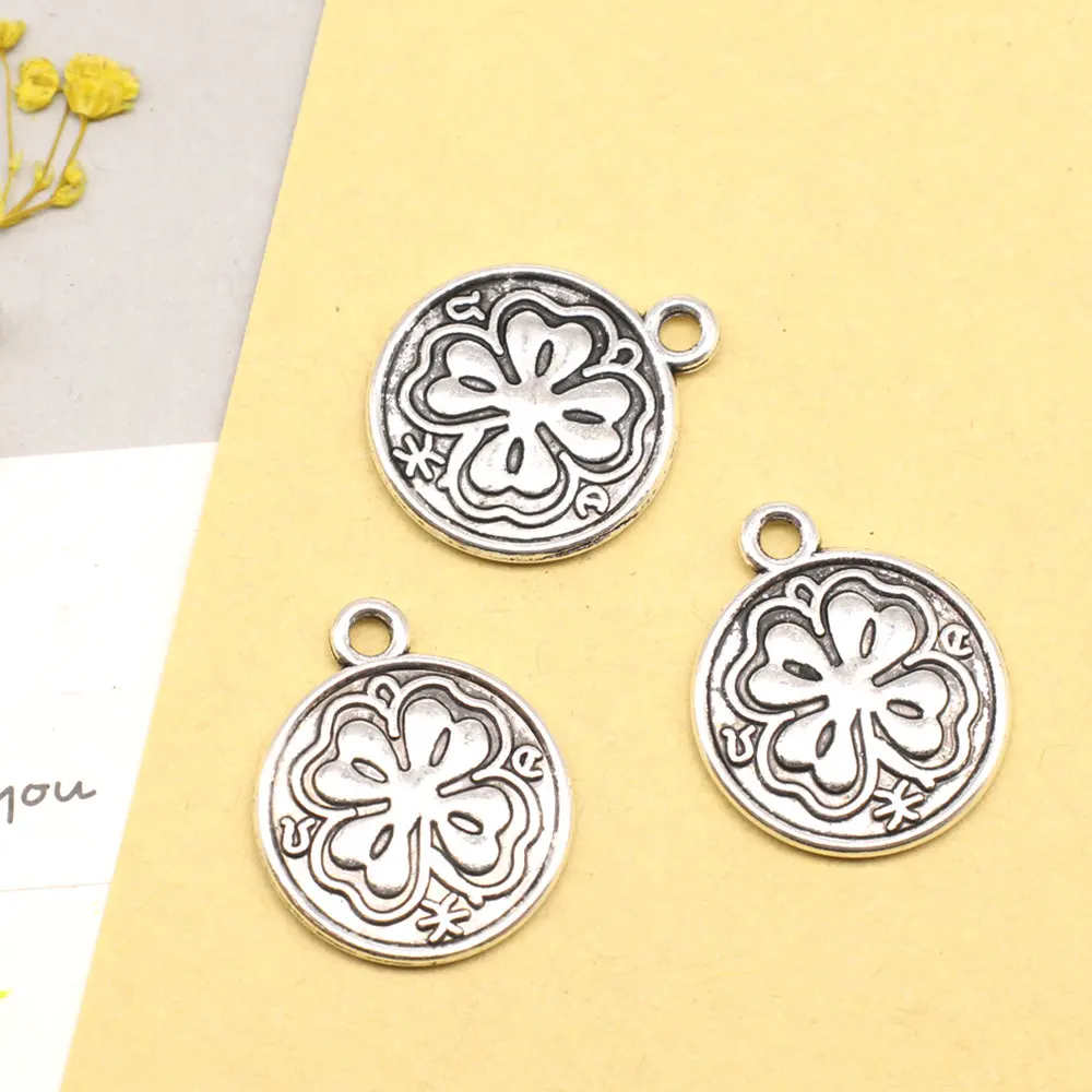 Diy Jewelry Diy Charms Round four-leaf Clover Antique Silver Color Pendant For Necklace 20x24mm 5pcs