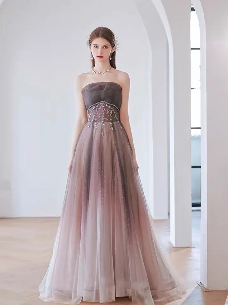 

Gray Pink Prom Dress Strapless Beading A Line Tulle Lace Up Backless Sequined Formal Party Evening Gowns 2024 Robes De Soirée