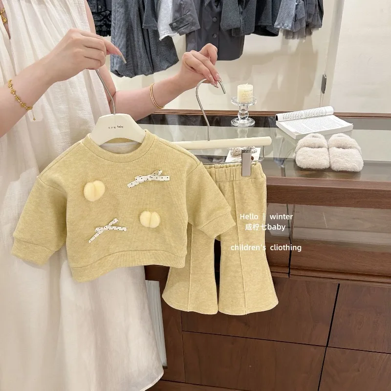 Children's Clothing Girls' Fleece Hoodie Set, Children's Autumn and Winter Warm Cover, Top, Pants Two-piece Set