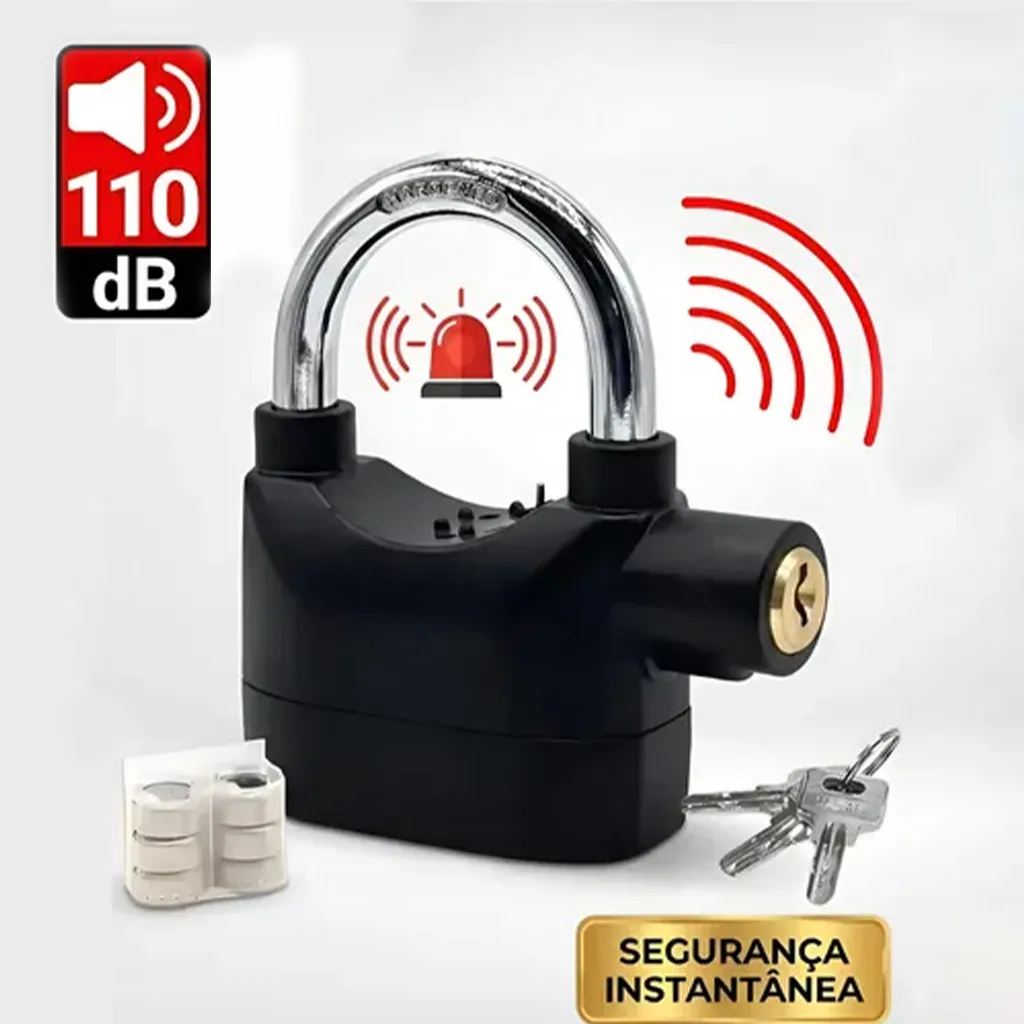 Trava de Segurança com Sirene 110dB Antifurto para Bicicleta, Moto e Viagem