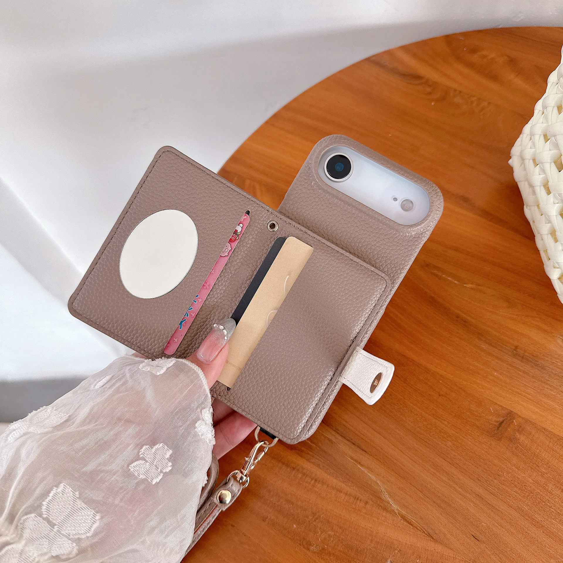 

New Model Suitable for iPhone 17 Left and Right Card Case Phone Case 16promax Makeup Mirror 15pro Diagonal Span 14 Leather Case