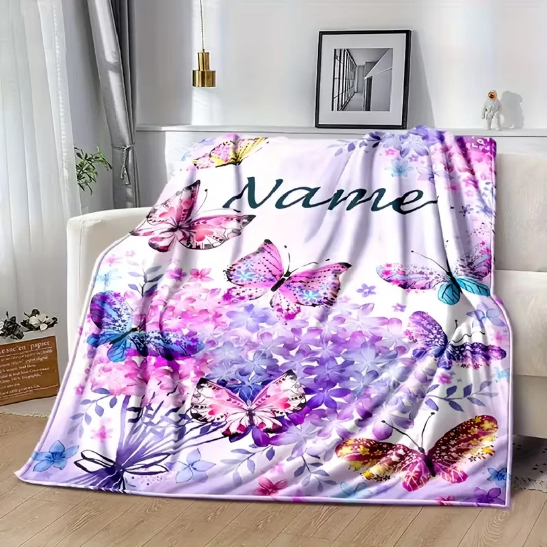 Personalized Butterfly Bouquet Flannel Blanket | Custom Name, Soft Warm Polyester, Digital Printed, All Season Use