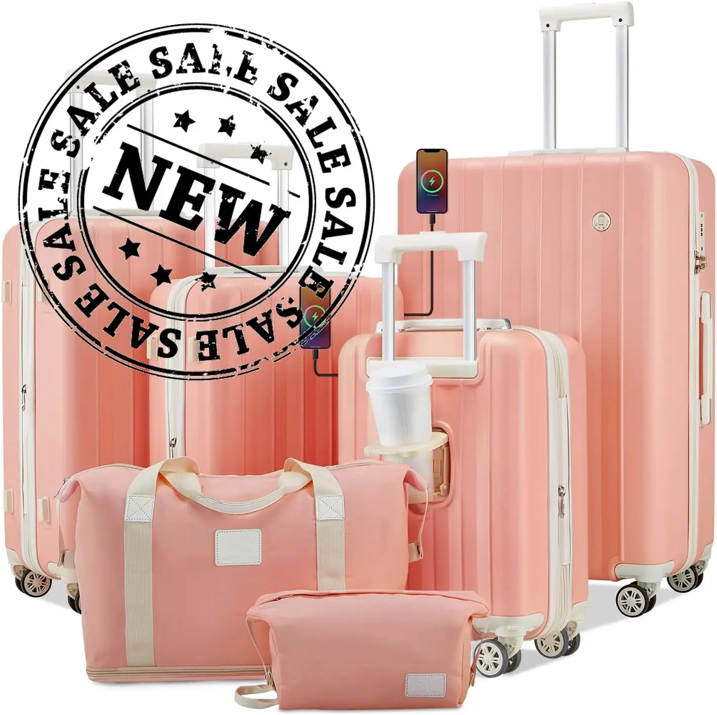 NEW Luggage Sets 6 Piece Expandable Carry on Suitcase, Hardside with USB Port Cup Holder, Travel Spinner with Wheels