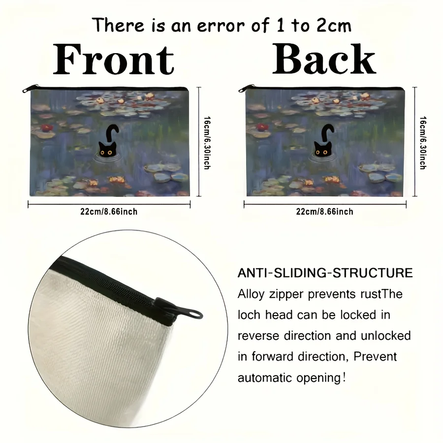 حقيبة مستحضرات التجميل على شكل زنابق الماء والقطط السوداء - تصميم فني مستوحى من مونيه - هدية مثالية للنساء المحبوبات والخواتمين والهدايا لمحبي القطط